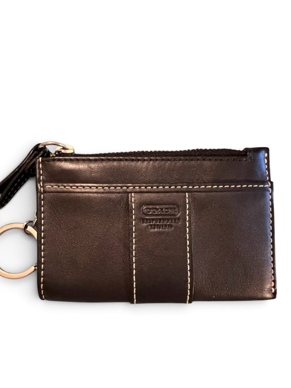 Coach Legacy Dark Brown Leather Contrast Stitch Key Ring Coin Case Wallet